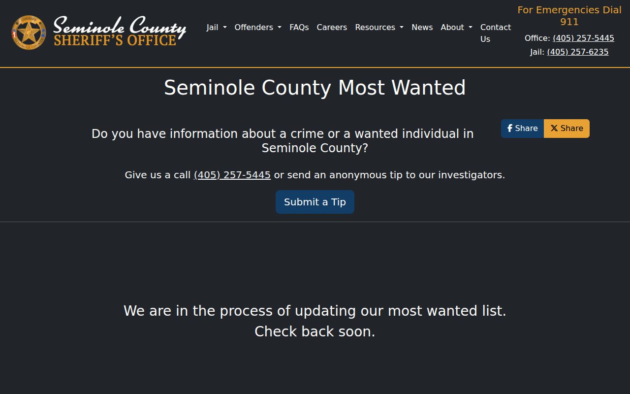 Seminole County Most Wanted warrant records, sheriff search and disclaimer frame
